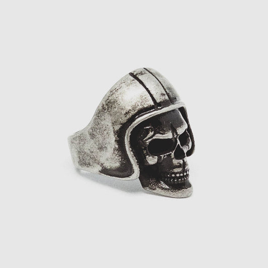 Biker Skull Ring In Aged Silver