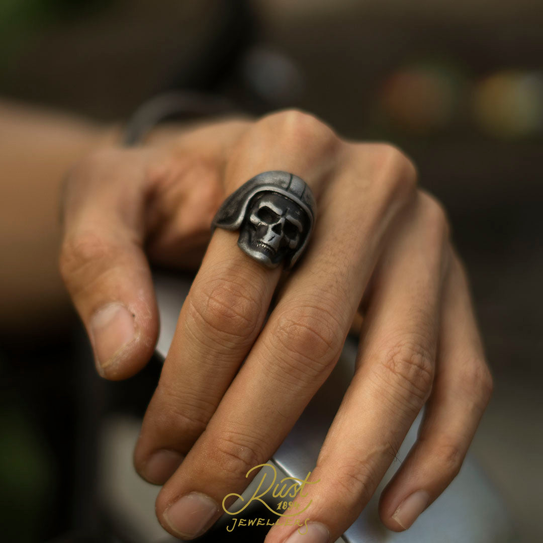 Biker Skull Ring In Aged Silver